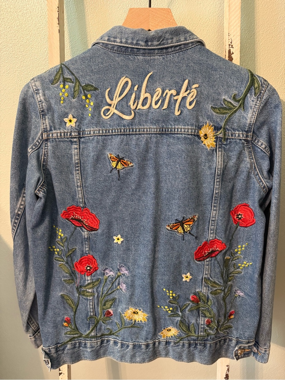 H&M Liberte Floral Embroidered Denim Jean Jacket Size 10 Women Distressed